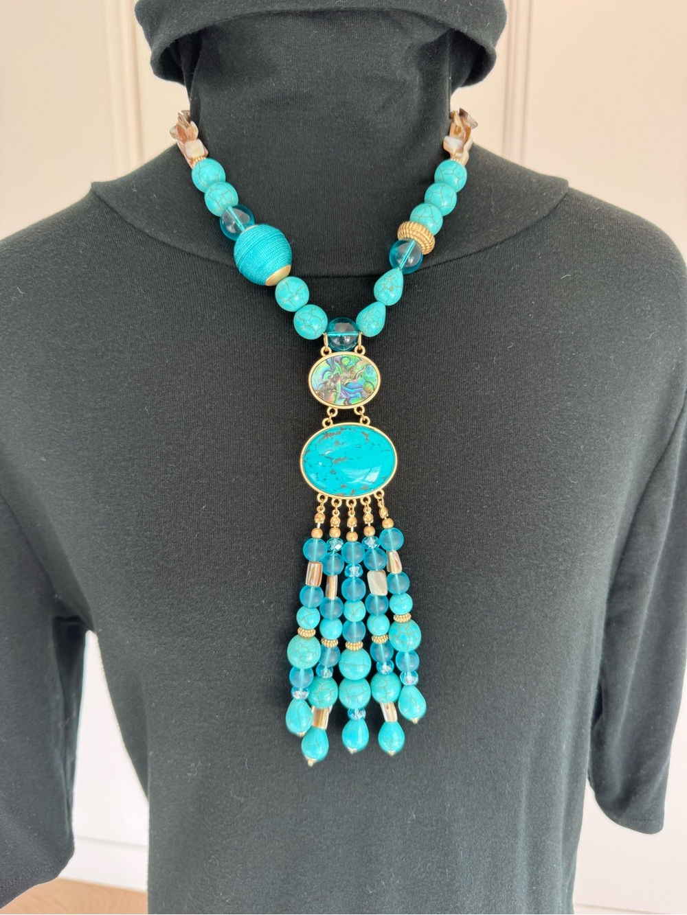 Natasha Turquoise and Gold Beaded Tassel Necklace